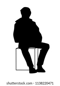 Man sitting on box. Monochromatic minimalism. Stencil. Vector illustration of black silhouette of man isolated on white background. Concept.
