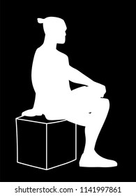 Man sitting on box with one foot up on knee. Stencil. Concept. Vector illustration of white silhouette of man isolated on black background. Monochromatic minimalism.