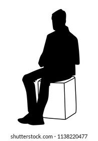 Man sitting on box. Stencil. Vector illustration of black silhouette of man isolated on white background. Concept. Monochromatic minimalism.
