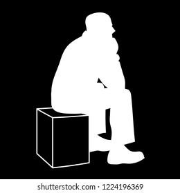 Man sitting on box. White silhouette isolated on black background. Concept. Vector illustration of old man sitting on cube putting elbows on his knees. Stencil. Monochrome minimalism.