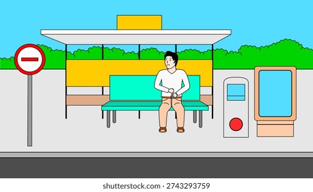Man is sitting on a bus stop. The bench is located on a sidewalk next to a street