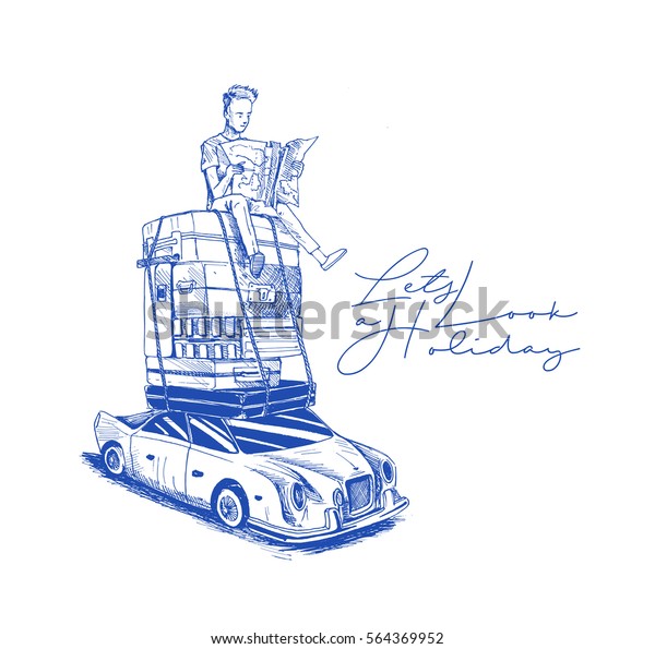Man sitting on car with\
luggage and search best holiday place, Hand Drawn Sketch Vector\
illustration.