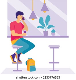 Man sitting on chair at bar counter with iphone. Coffee break concept  man drinking cappuccino modern cafe interior flat portrait. Boy character sitting on chair holding a cup.