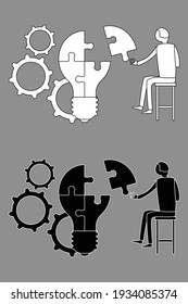 Man sitting on a chair brainstorming black white outline