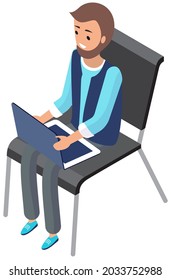 Man sitting on chair and browsing or working on laptop at his laps. Male character types on keyboard with computer, works remotely, looks at screen Person is freelancing on laptop, online work