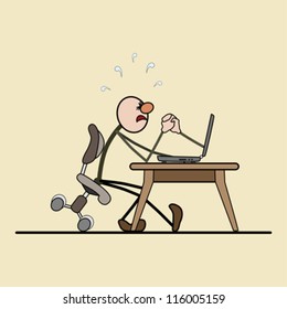 man sitting on a chair. computer on the desk. struggle between them. strong tension
