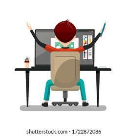 Man Sitting on Chair with Computer on Table. Creative Design Concept. Vector Designer - Freelancer Illustration Isolated on White Background.