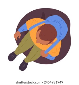 Man sitting on chair cushion. Male character view from above on soft ottoman top view flat vector illustration. Waiting guy top view