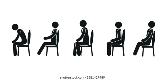 
a man is sitting on a chair in different poses, a pictogram of a human figure, a flat vector illustration