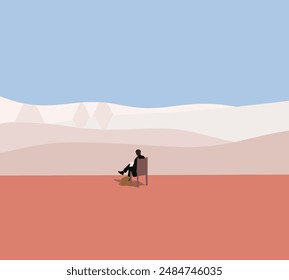 Man sitting on the chair drawing picture pink mountain landscape under blue sky. The artist Painting in nature. Creativity minimalist concept