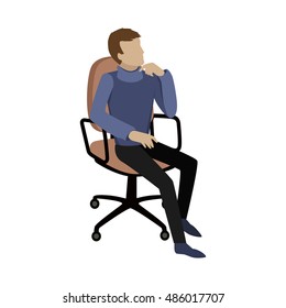 Man sitting on chair and dreaming about something or thinking about the problem solution. Boy at work. Endless work seven days a week. Working moments. Part of series of work at the office. Vector
