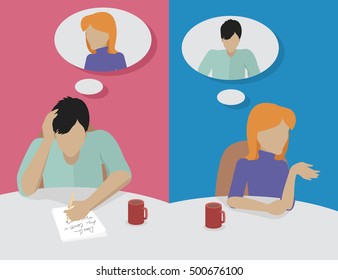 Man sitting on chair and dreaming about women. Person thinks about his love. Girl thinks about boy. Endless work seven days a week. Working moments. Part of series of work at the office. Vector