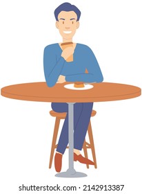 Man sitting on chair drinking coffee or tea and eating cake in cafe. Person spends time at home alone. Guy resting with drink and food on comfortable chair. Male character during day off, weekend