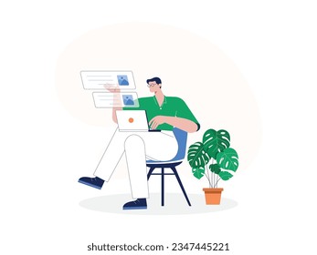 a man is sitting on a chair and has a laptop on his lap, he is working online and is sending files to his team, they work together to do their work
flat design, vector illustration