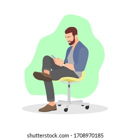Man sitting on chair holding and looking at phone. Smartphone addict. Entrepreneurship concept. Businessman at home. Man chatting online. Internet social media - Flat vector character illustration.