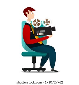 Man Sitting on Chair Holding Retro Film Camera Isolated on White Background.  Cameraman or Director Vector Illustration. 