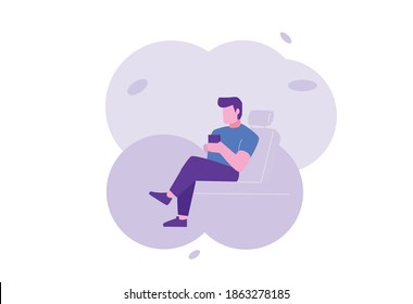 Hombre sentado en la silla sosteniendo y mirando el teléfono. Adicto al Smartphone. jugando con smartphone. mensajes de texto. mensajería. Charlando en línea. Medios sociales de Internet - Isometric plana vector de ilustración