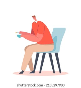 Man Sitting on Chair Holding Bowl and Spoon. Father Engaged in Raising Child on Maternity Leave. Dad Feed Baby, Kid Breakfast with Daddy, Happy Family Spend Time Together. Cartoon Vector Illustration