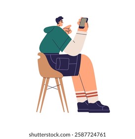 Man sitting on chair, holding smartphone. Mobile phone user. Male with cellphone in hand, browsing internet, looking at cell gadget screen. Flat vector illustration isolated on white background