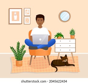  Man is sitting on a chair at home at a laptop computer. Remote work, office at home, programming, freelance. Study at home in quarantine. Vector illustration. Cozy interior with a cat.