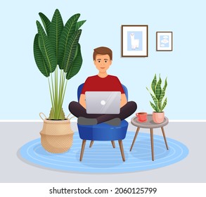 Man is sitting on a chair at home at a laptop computer. Remote work, office at home, programming, freelance. Study at home in quarantine. Vector illustration. Cozy interior with a cat