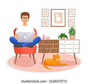 Man is sitting on a chair at home at a laptop computer. Remote work, office at home, programming, freelance. Study at home in quarantine. Vector illustration. Cozy interior with a cat.