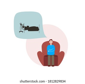 A man is sitting on a chair in the hospital. He is waiting for his loved one to regain consciousness in the intensive care unit. The patient is connected to an artificial lung ventilation device. 