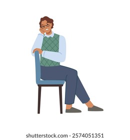 Man sitting on chair, isolated cheerful positive male personage wearing formal clothes and glasses. Vector flat cartoon character, young guy on comfortable and soft armchair looking aside