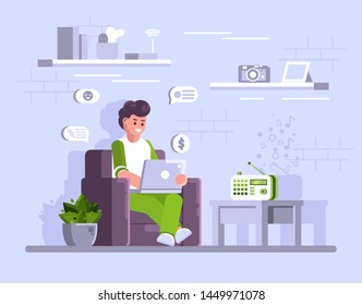 Man sitting on chair with a laptop at cozy house. Freelancer works computer in room on couch, spends time at home around flowers a pot, shelves with things, radio, tape plays music. Flat style vector.