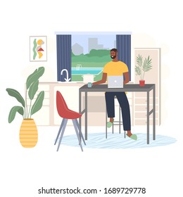 Man sitting on chair with laptop computer and working from home. Freelance work and convenient workplace vector concept. Kitchen interior. Distance work, online study, education. 