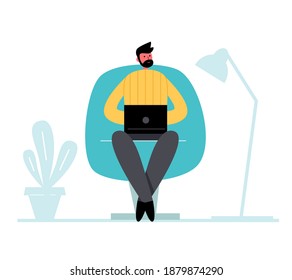 Man is sitting on the chair with laptop. Freelance, online education, social media concept. Quarantine, self-isolation. COVID-19 coronavirus outbreak spreading concept. Cartoon vector illustration.
