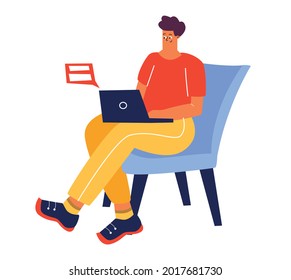 A man is sitting on a chair with a laptop, online communication, work. Freelancer, student. Flat vector illustration