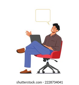 Man Sitting on Chair with Laptop and Speech Bubble in Office. Businessman Character, Employee at Work, Manager or Student Discussion, Brainstorm Communication. Cartoon People Vector Illustration