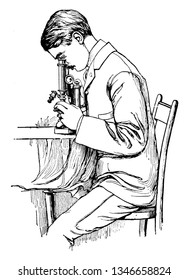 A Man Sitting On Chair And Looking Into Microscope, Vintage Line Drawing Or Engraving Illustration