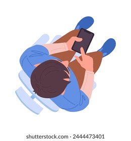 Hombre sentado en una silla. Vista de personaje masculino desde arriba, los hombres en su smartphone vista superior Ilustración vectorial plana. Caricatura sentado chico vista superior