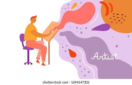 Man is sitting on a chair near an easel with a pencil in his hand. Male artist at his working place. Bright abstract composition on the background. Simple funny cartoon style banner. 
