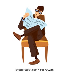 Man sitting on chair. Man with newspaper.