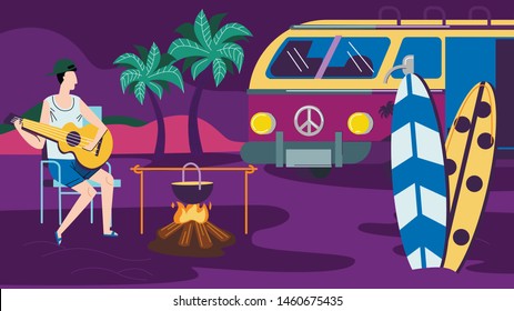 Man Sitting on Chair at Night Time Playing Guitar near Fireplace. Tourist Sparetime in Summer Beach Camp. Summertime Activity, Leisure, Vacation, Camping, Traveling. Cartoon Flat Vector Illustration