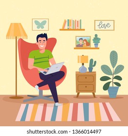 Man sitting on the chair with notebook  Vector flat illustration