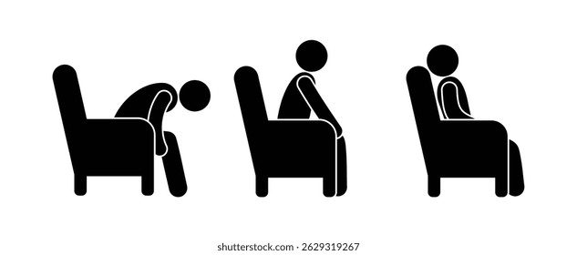 man sitting on a chair, sitting people icon, stick figure pictogram, set of human silhouettes in various poses