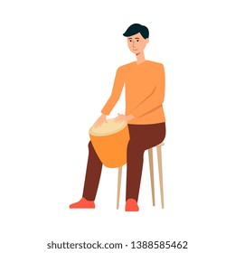 Man sitting on chair and playing on drum cartoon style, vector illustration isolated on white background. Male musician is holding tomtom between his legs and hitting by hands on it