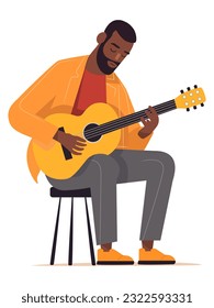 Hombre sentado en la silla Tocando guitarra, hombre con instrumento de cuerdas, guitarrista individual, Ilustración vectorial de diseño plano