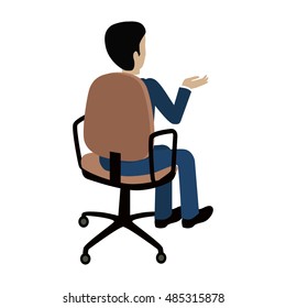Man sitting on the chair and pointing on something by hand. Back view. Man at work. Endless work seven days a week. Working moments. Part of series of work at the office. Vector illustration