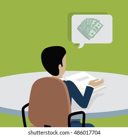 Man sitting on chair and pointing on something by hand. Back view. Man at work thinks how to earn more money. Endless work seven days a week. Part of series of work at the office. Vector illustration