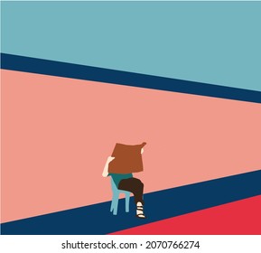 Man sitting on chair and reading newspaper in city. City lifestyle and street scenes. Flat design vector illustration.