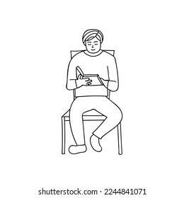 Hombre sentado en una silla y leyendo la ilustración del doodle de la vista frontal del libro en el vector. Niño adulto sentado en una silla y leyendo un ícono dibujado a mano en un vector.