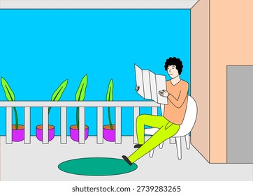 Man is sitting on a chair reading a newspaper. The scene is set on a balcony with potted plants and a chair. The man is wearing a green shirt and yellow pants. Scene is calm and relaxed