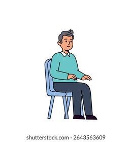 a man sitting on a chair with a serious expression. Casual male character in simple flat style, perfect for office, consultation, or waiting room themes