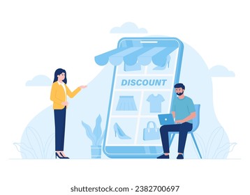 A man sitting on a chair is shopping online using a laptop trending concept flat illustration