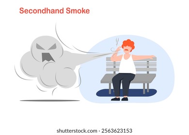 Man sitting on a chair smoking and blowing smoke in public. Flat illustration concept of second hand smoke toxicity.